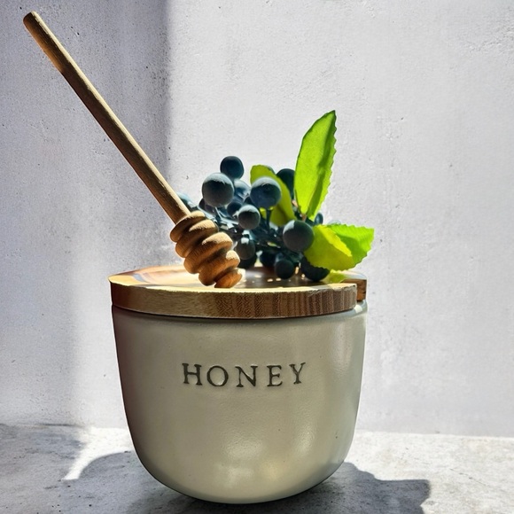Magnolia Home Ceramic Honey Jar with Wooden Lid and Dipping Spoon - Picture 1 of 4